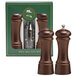 A Chef Specialties walnut pepper mill and salt shaker set in a green box.