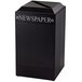 A black rectangular Rubbermaid recycling receptacle with white text that says "Paper" on it.