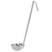 An 8 oz. stainless steel soup ladle with a long handle.