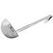 A silver ladle with a long handle.