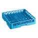 A blue plastic dish rack with tall pegs and holes.