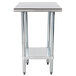 A stainless steel table with a galvanized metal undershelf.