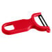 A red Mercer Culinary vegetable peeler with a black handle.