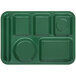 A green rectangular Carlisle compartment tray with six compartments.
