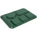 A forest green Carlisle melamine tray with 6 compartments.