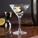 A Spiegelau Perfect Serve martini glass with liquid and lemon slices in it.