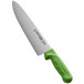 A Dexter-Russell Sani-Safe chef knife with a green handle.