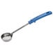A blue Vollrath round stainless steel Spoodle with a handle.
