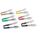 A close-up of a Vollrath Jacob's Pride tong with assorted colors on the Kool Touch handles.