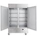 A Beverage-Air stainless steel reach-in freezer with open doors.