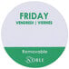 A white and green circular label with the text "Friday" in green.