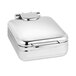 A silver stainless steel square chafer with a hinged dome lid on a counter.