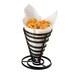 An American Metalcraft wrought iron cone basket with chips in the paint holding a white bag of food.