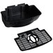 A black plastic container with a black grate inside and a drain.