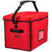 A red cooler bag with black straps.