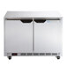 A silver Beverage-Air undercounter refrigerator with two doors open.