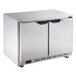 A silver stainless steel Beverage-Air undercounter refrigerator with two doors.