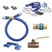A blue flexible hose kit with yellow parts and tools.