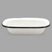A Tablecraft black and cream white enameled rectangular bowl with a rim.