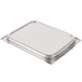 A Vollrath stainless steel rectangular food transport tray with a lid.