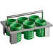 A metal rack with a green plastic container with holes in it.