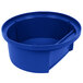 A blue plastic dome lid with a long handle for a Rubbermaid BRUTE trash can.