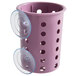 A violet plastic flatware cylinder with holes.