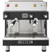 An Astra Mega II compact semi-automatic espresso machine in black and silver with two spouts.