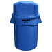 A blue Rubbermaid BRUTE 44 gallon trash can with dome top lid.