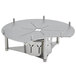 A circular stainless steel chafer alternative with a circular design and four holes.
