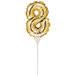 A white pole with a gold foil number 8 balloon on top.