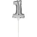A silver balloon shaped like the number one on a white stick.