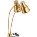 An Avantco gold stainless steel heat lamp with double arms and two gold heat lamps.