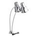 A silver Avantco dual arm heat lamp with two lights.