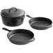 A Lodge cast iron cookware set with a skillet, grill pan, and Dutch oven.