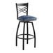 A black Lancaster Table & Seating bar stool with a navy vinyl padded seat.
