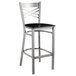 A Lancaster Table & Seating cross back bar stool with a black wooden seat and clear coat finish.