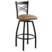 A black Lancaster Table & Seating bar stool with a light brown cushion and a backrest.