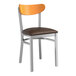 A Lancaster Table & Seating metal chair with a dark brown vinyl seat.