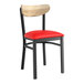 A Lancaster Table & Seating black chair with red vinyl seat and driftwood back.