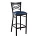A Lancaster Table & Seating black cross back bar stool with a navy blue padded seat.