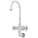 A silver T&S wall mounted faucet with 4-arm blue handles.