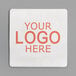 A white square coaster with red customizable text.