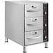 A stainless steel ServIt freestanding drawer warmer with three narrow drawers.