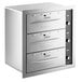 A silver rectangular stainless steel ServIt triple drawer warmer with knobs.