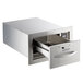 A silver rectangular ServIt built-in drawer warmer open on a counter.
