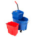 A blue Rubbermaid mop bucket with a red dirty water bucket.