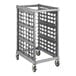 A grey metal Cambro sheet pan rack cart with metal casters.