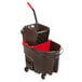 A Rubbermaid brown and red mop bucket with wringer and dirty water bucket on wheels.