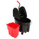 A black Rubbermaid Executive Series mop bucket with a handle and a red Rubbermaid dirty water bucket.